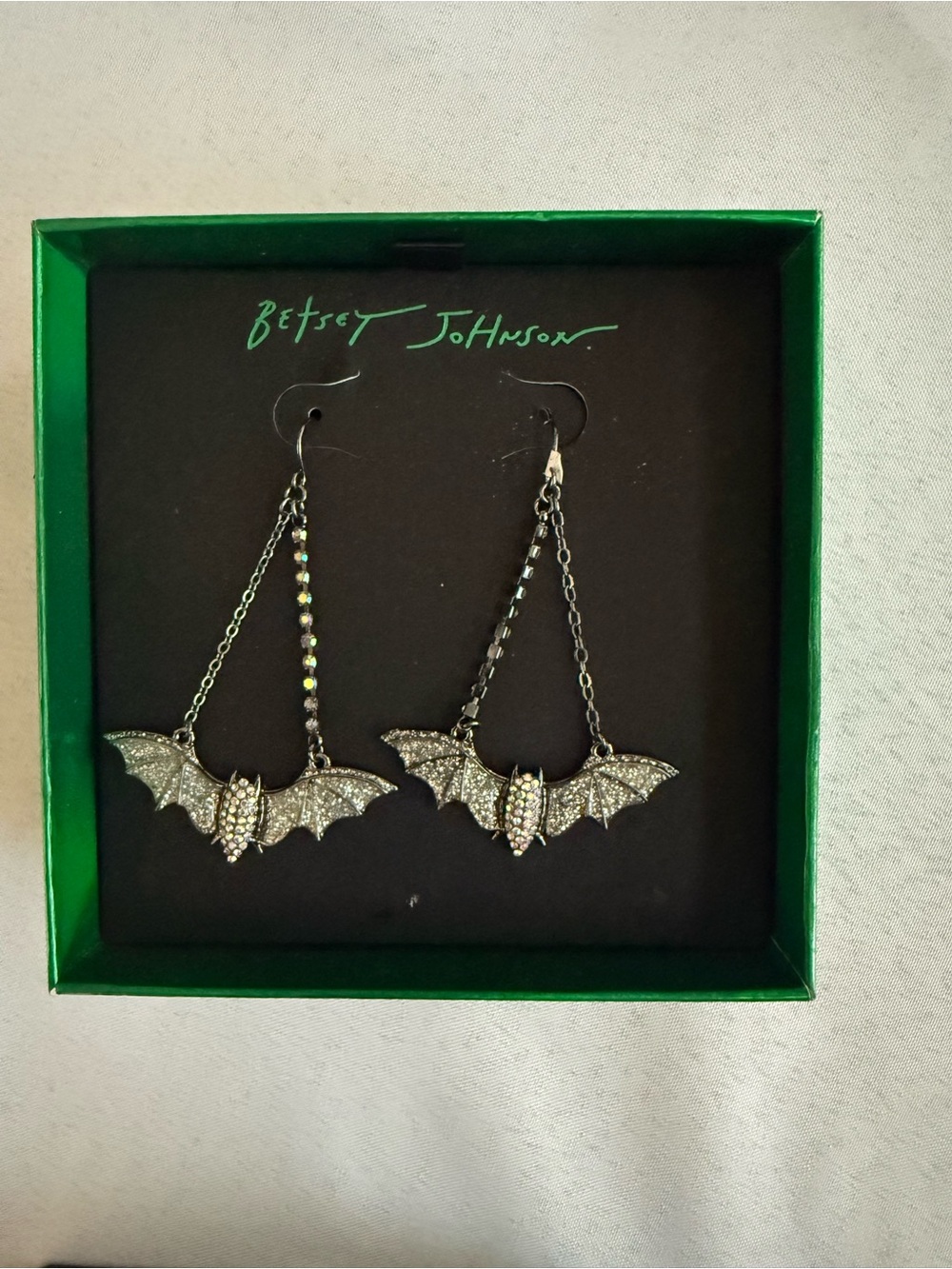 Betsey Johnson Halloween Gunmetal Crystal Bat Drop Earrings NIB